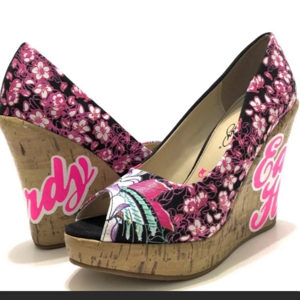 Ed Hardy sz8 peeptoe, Cork, Wedge